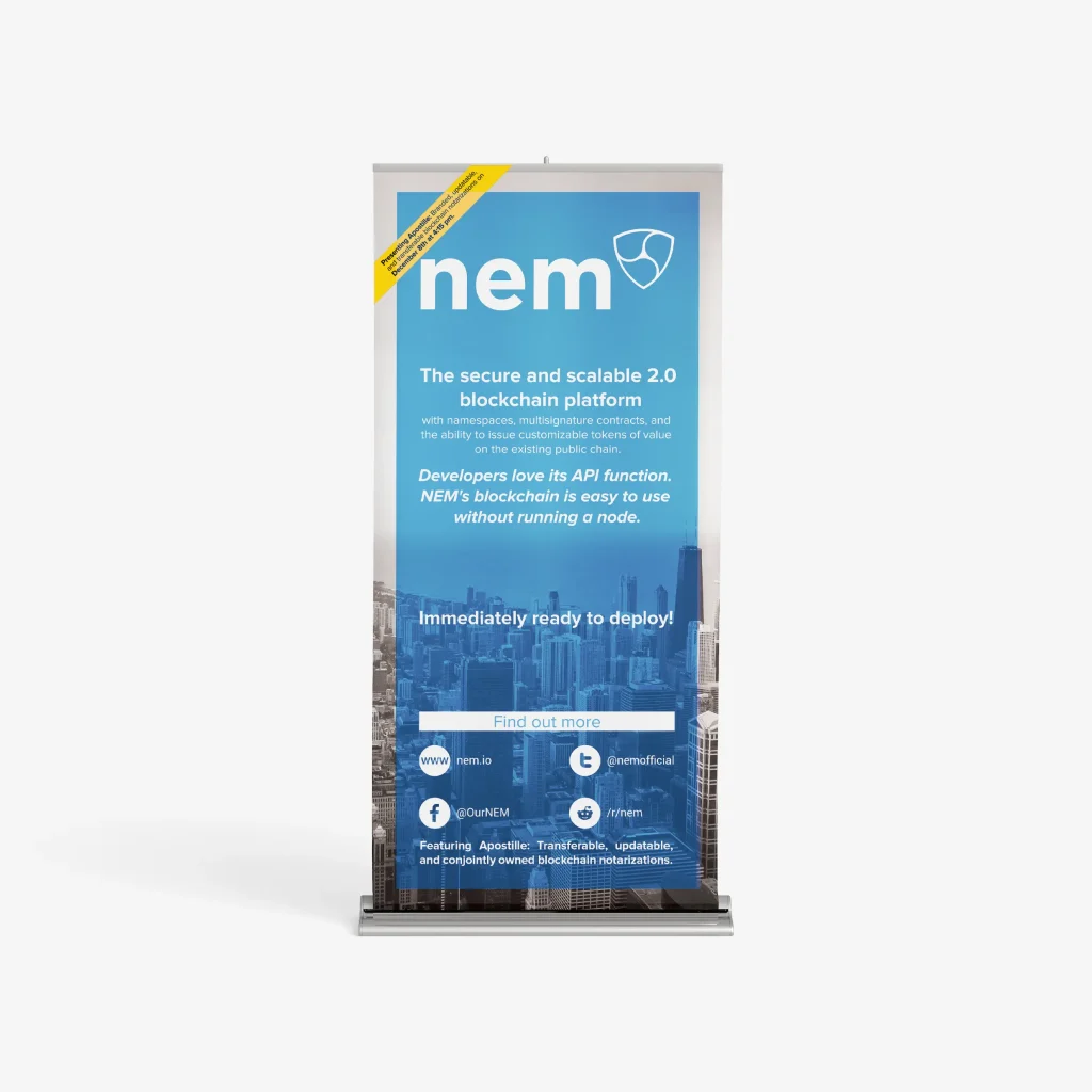 A promotional banner for NEM, featuring the NEM logo and text describing the secure and scalable 2.0 blockchain platform. The banner emphasizes the platform's features, API function, and readiness for deployment, along with social media and contact information.