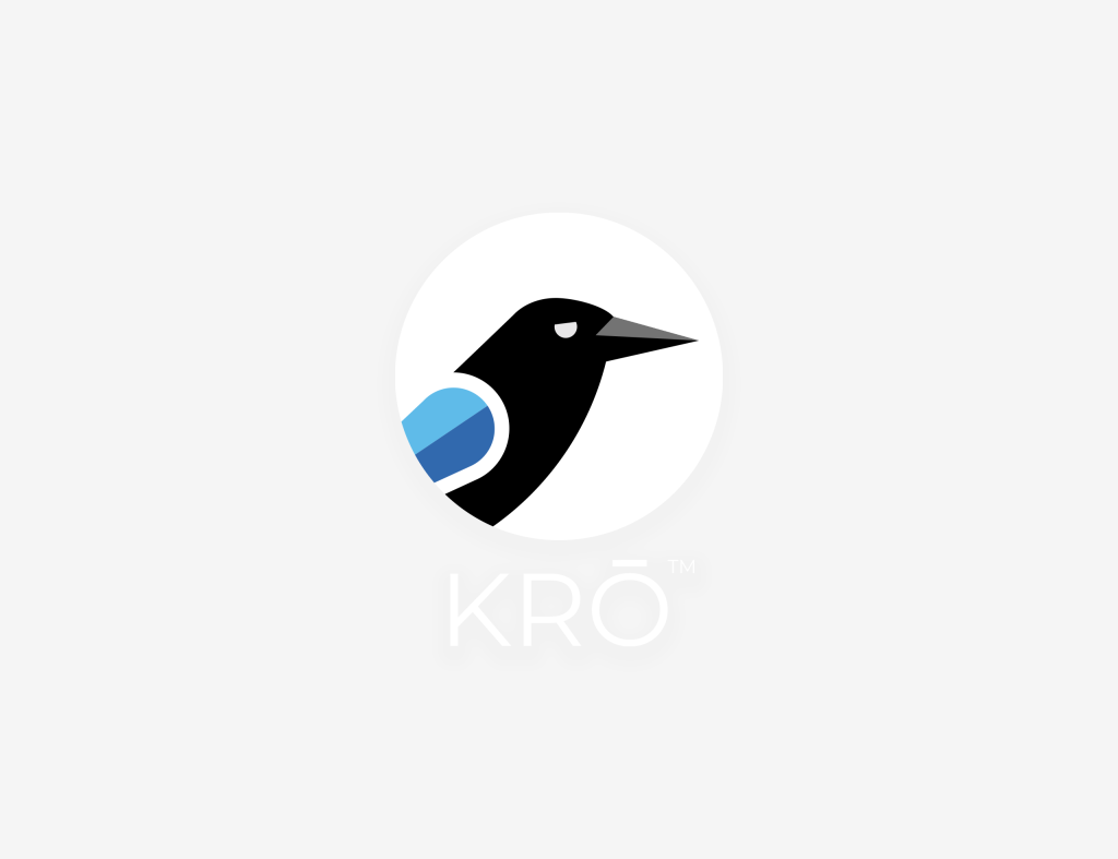 A minimalistic and clean logo for KRO featuring a stylized black bird with a blue wing, enclosed in a white circle with the text "KRŌ" underneath.