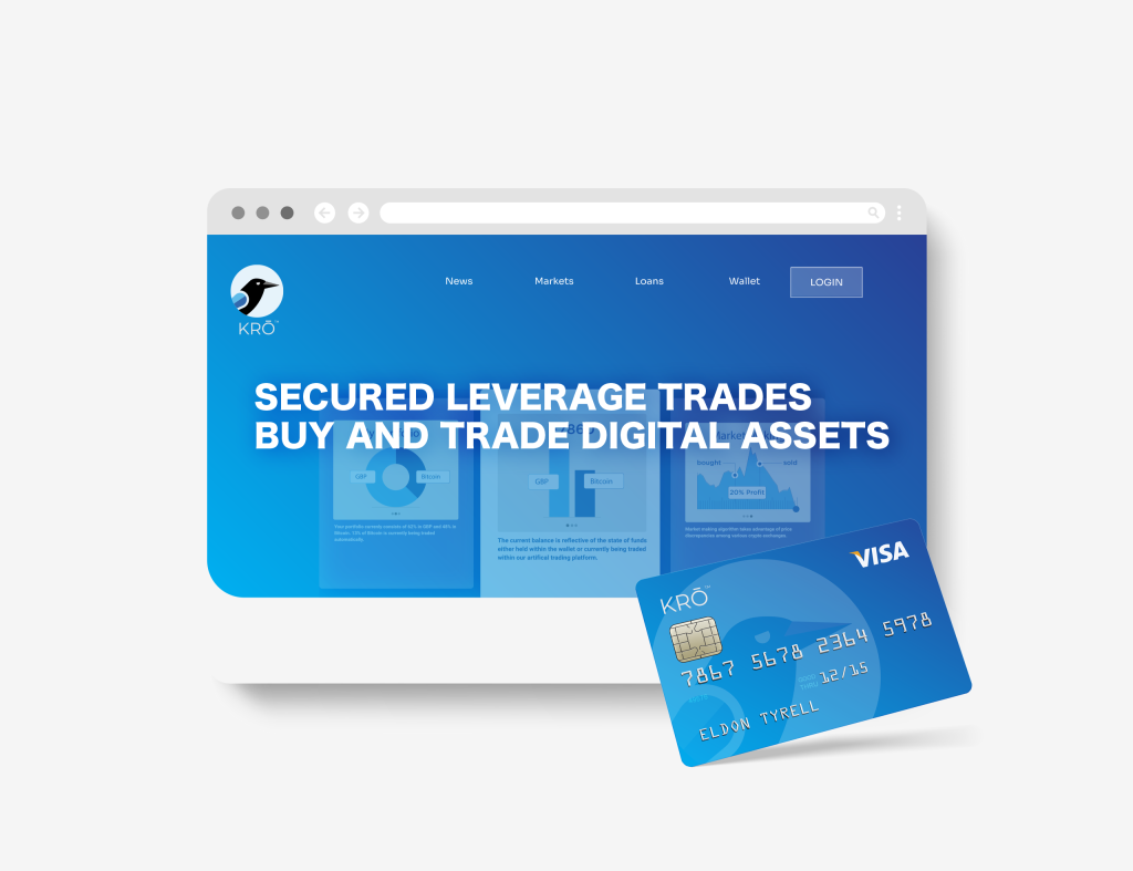 The KRO website with the tagline 'Secured Leverage Trades Buy and Trade Digital Assets,' and a KRO-branded Visa card in the foreground.