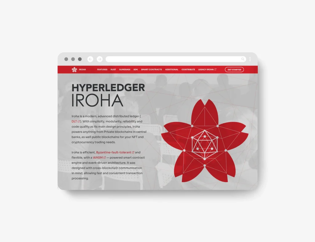 The IROHA logo designed by incorporating the Hyperledger logo into a flat cherry blossom flower, displayed on the Hyperledger IROHA website.