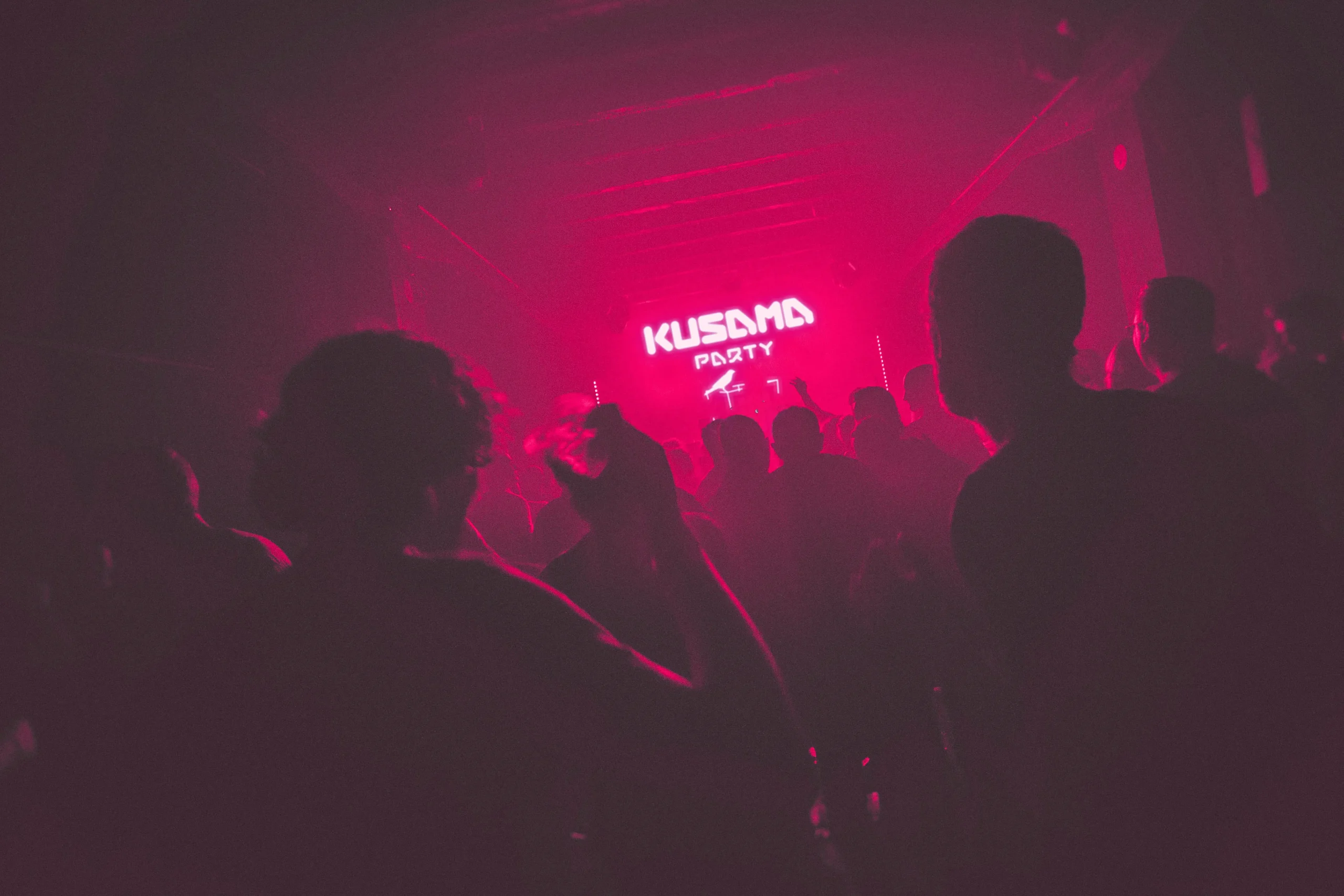 Attendees enjoying a pop-up blockchain meetup party for the Kusama blockchain, part of the Polkadot ecosystem, under vibrant purple red lighting.