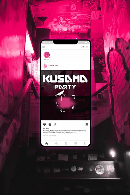 The instagram social media post highlighting the logo I designed for the kusama party, and efforts to get people drawn towards the popup meet up party.