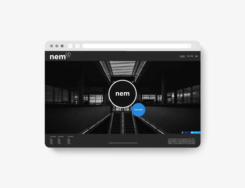 The NEM website featuring a sleek black and white design with the new NEM logo I created.