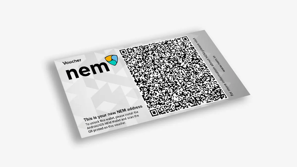 NEM voucher image: "NEM voucher card featuring a QR code and the NEM logo, with instructions for installing the NEM wallet to unlock a new NEM address.